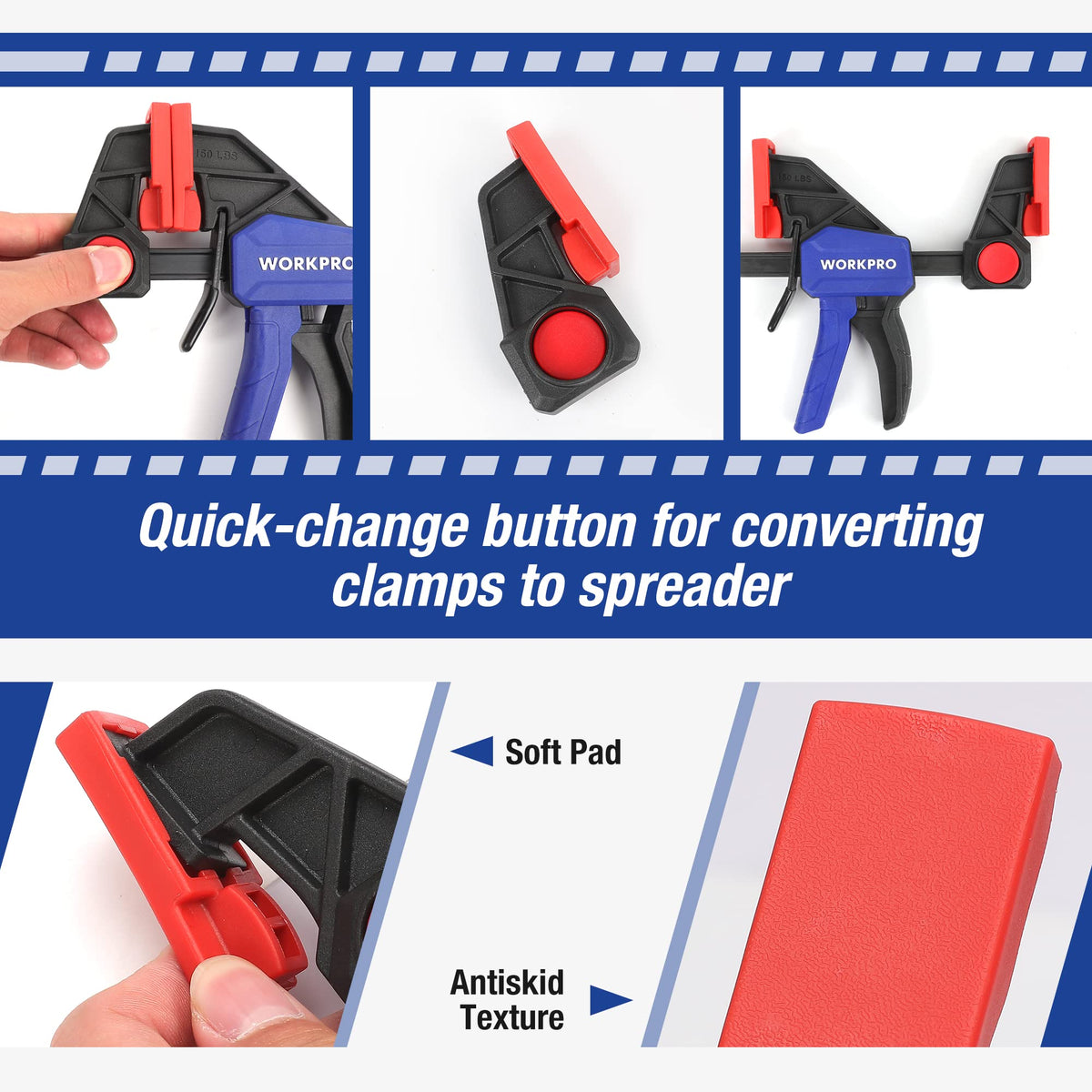 WORKPRO clamp pad detail shows replaceable non slip texture