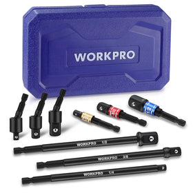 WORKPRO basic socket adapters showing 1/4, 3/8, and 1/2 inch drive versatility for drills.