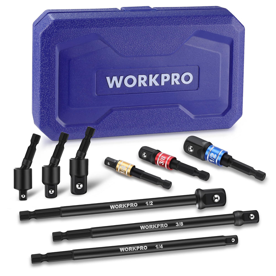 WORKPRO basic socket adapters showing 1/4, 3/8, and 1/2 inch drive versatility for drills.