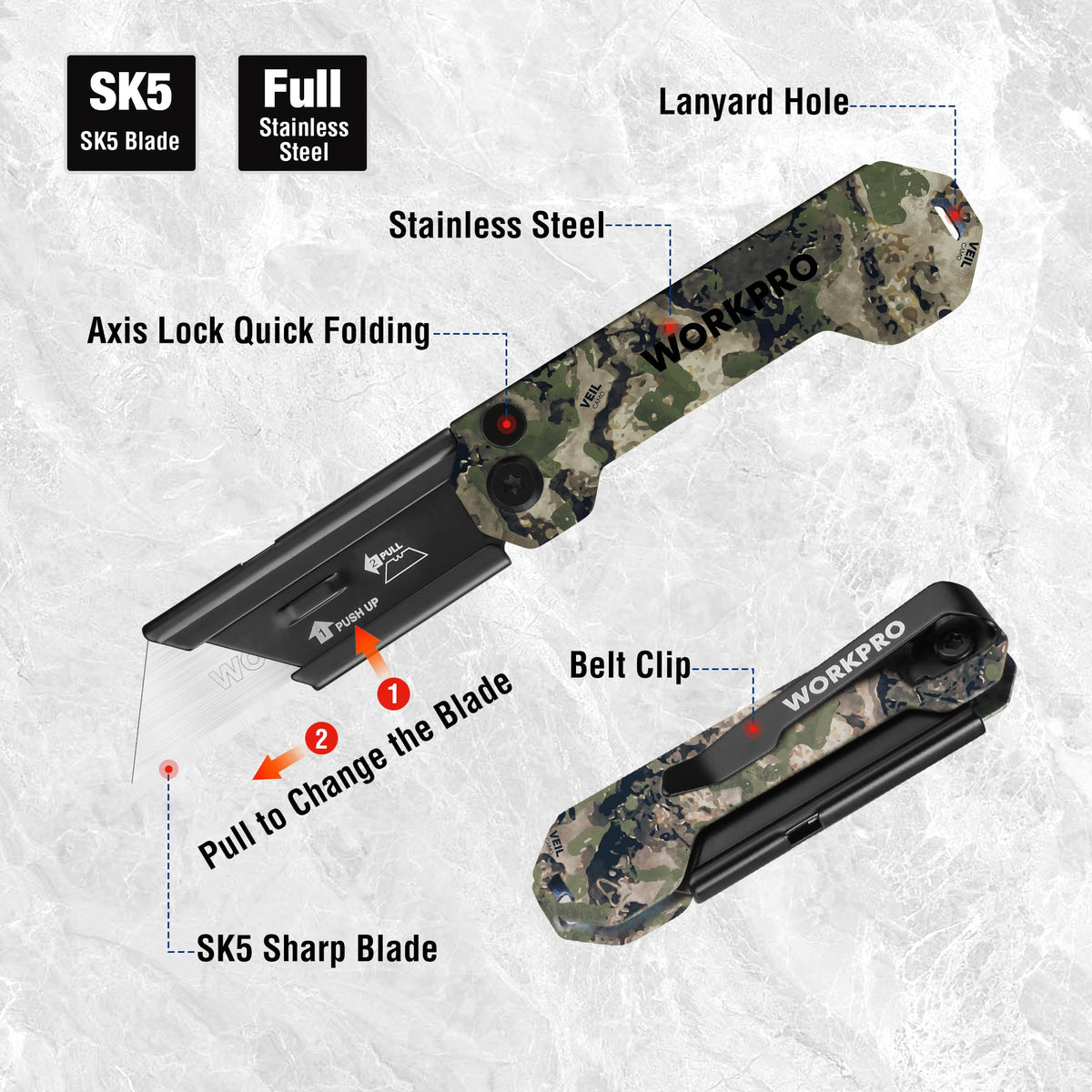 WORKPRO belt-clip pocket knife ready for everyday carry and hands-free access.