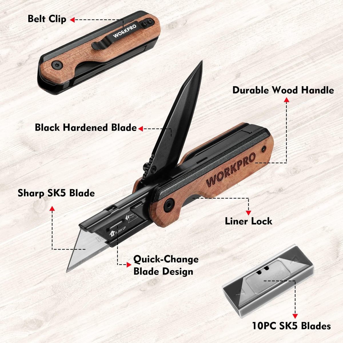 WORKPRO belt clip knife ready on belt for hands-free access