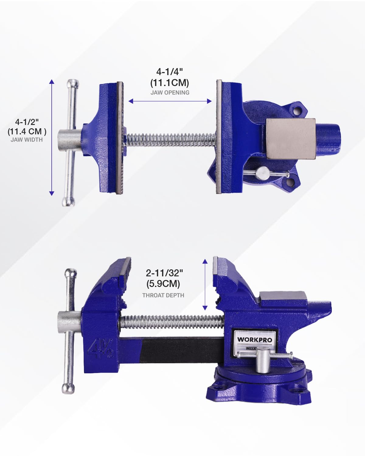 WORKPRO bench vise anvil area supports hammering and shaping tasks on the bench