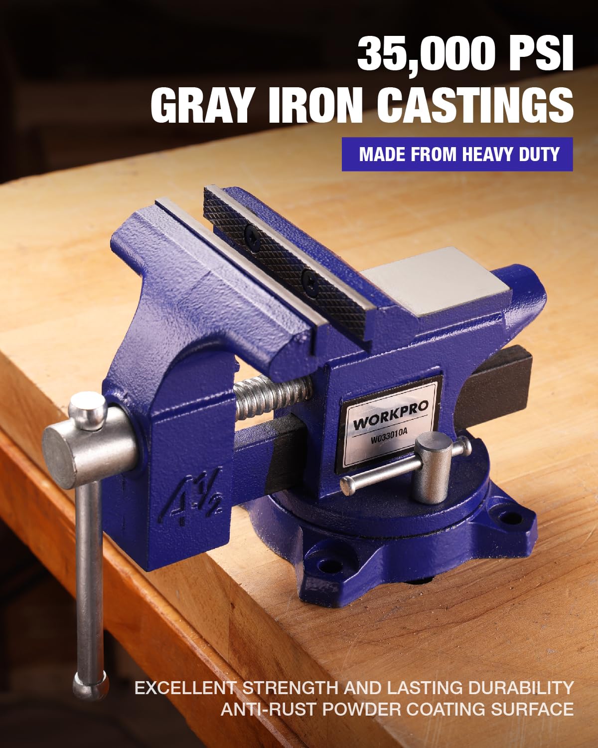 WORKPRO bench vise swivel base demonstrates flexible positioning for angled cuts and fixtures