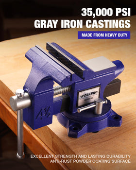 WORKPRO bench vise swivel base demonstrates flexible positioning for angled cuts and fixtures