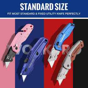 WORKPRO blades slicing through cardboard and leather, showing versatility