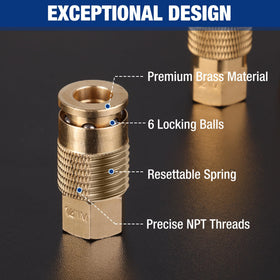 WORKPRO brass female plug with 1/4-inch NPT for airtight connections.
