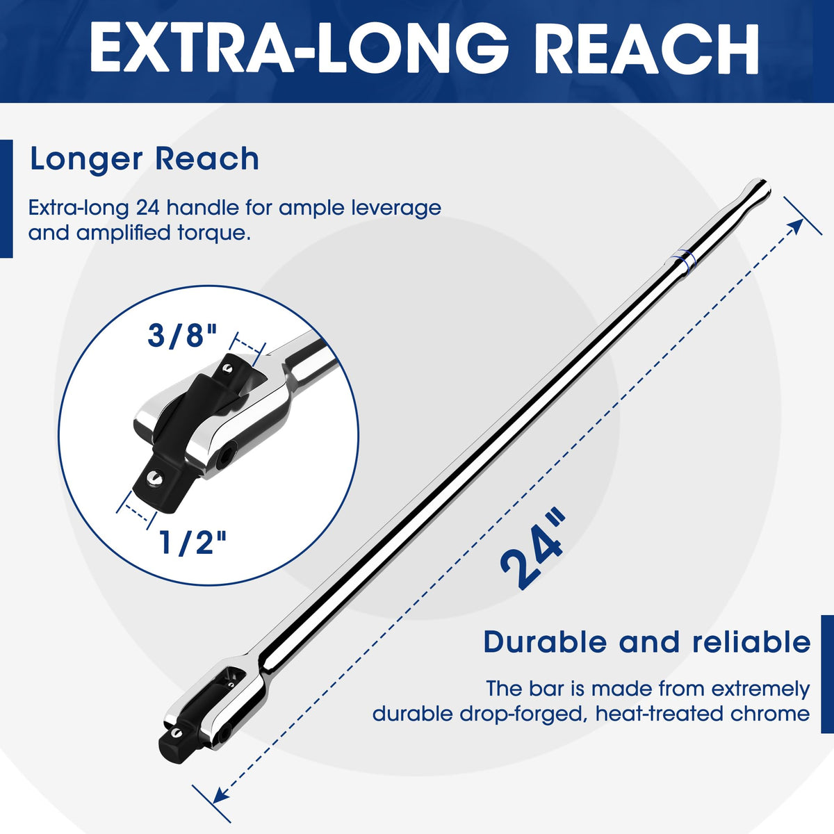 WORKPRO breaker bar with 360-degree head for torque from tight angles.