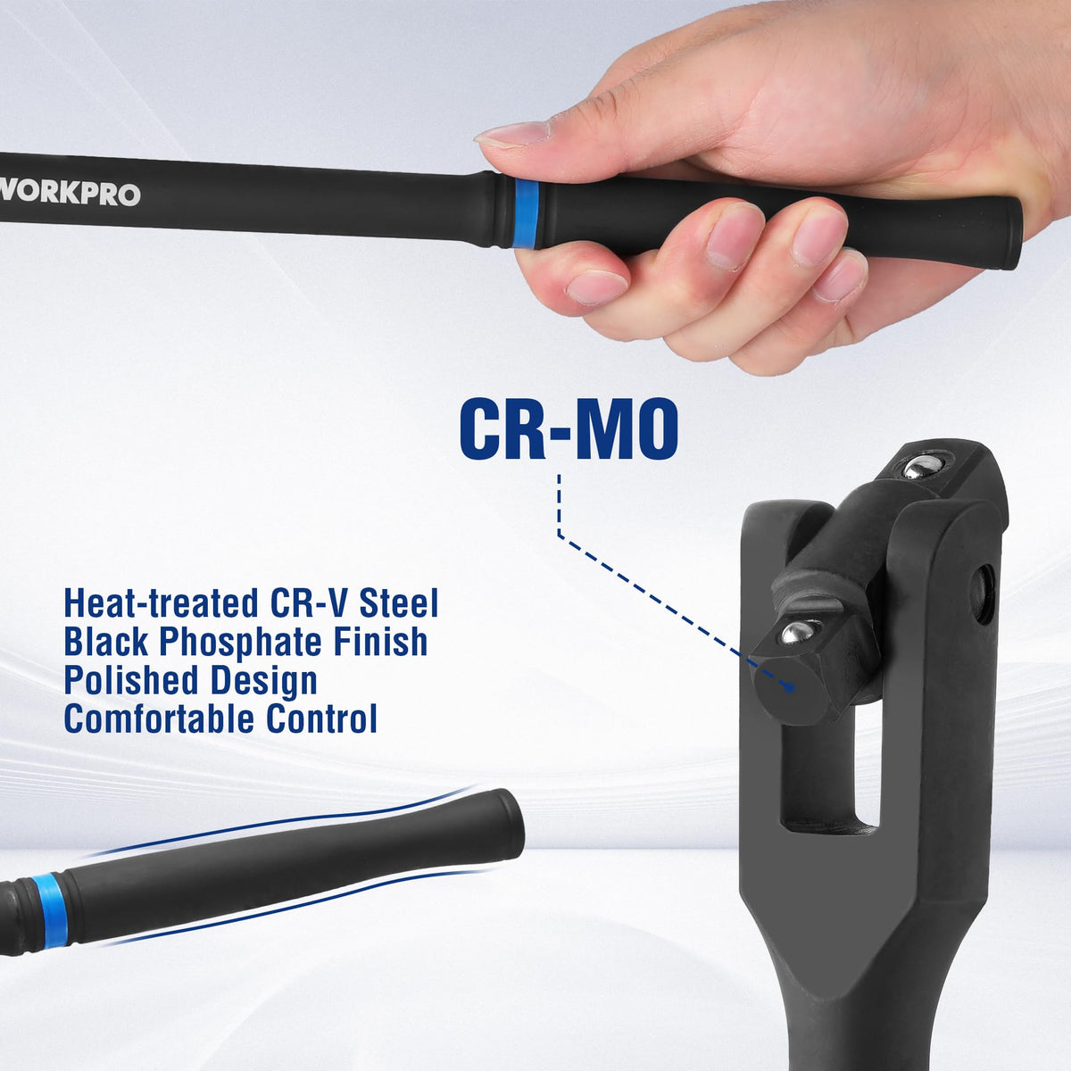 Workpro breaker bar with 360-degree rotatable head improves access around obstacles.