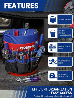 WORKPRO fits a standard 5-gallon bucket, turning it into a portable tool tote.