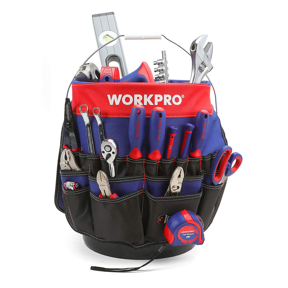 WORKPRO Bucket Tool Organizer shows 51 pockets for quick access inside and outside.