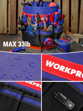 WORKPRO Tape clip and loop organize measuring tapes for quick access.