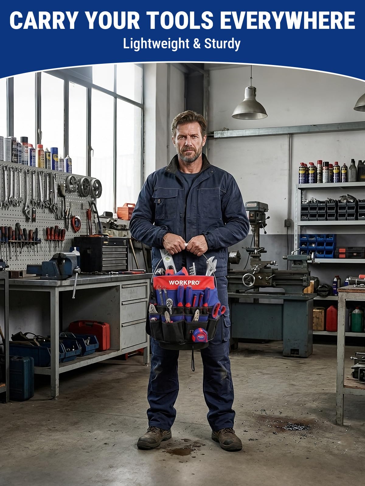 WORKPRO Lightweight design aids bucket-to-tote conversion and transport.