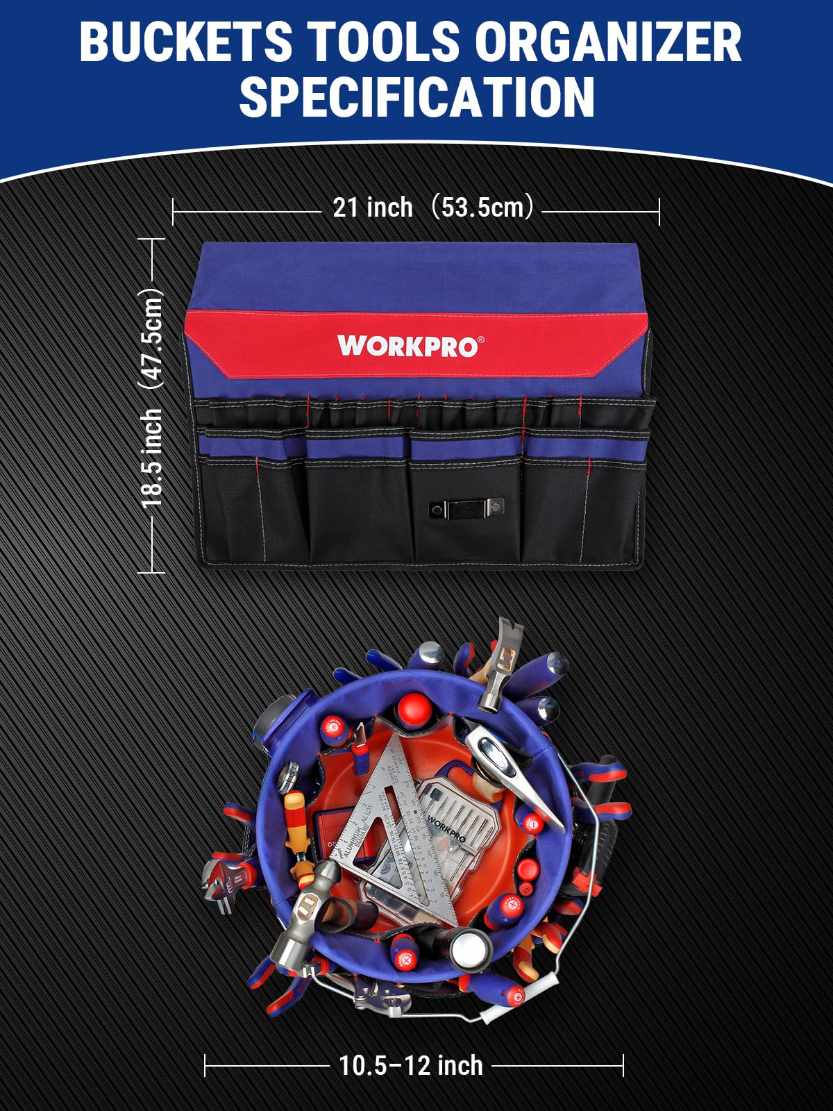 WORKPRO Drill pocket with hook-and-loop strap keeps a drill secure and ready.