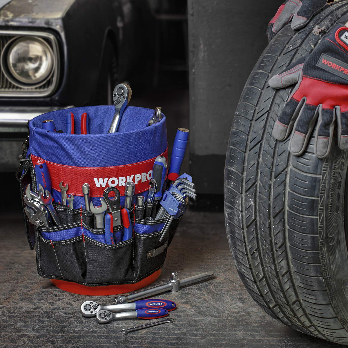 WORKPRO Tool storage organization inside a sturdy bucket for quick access