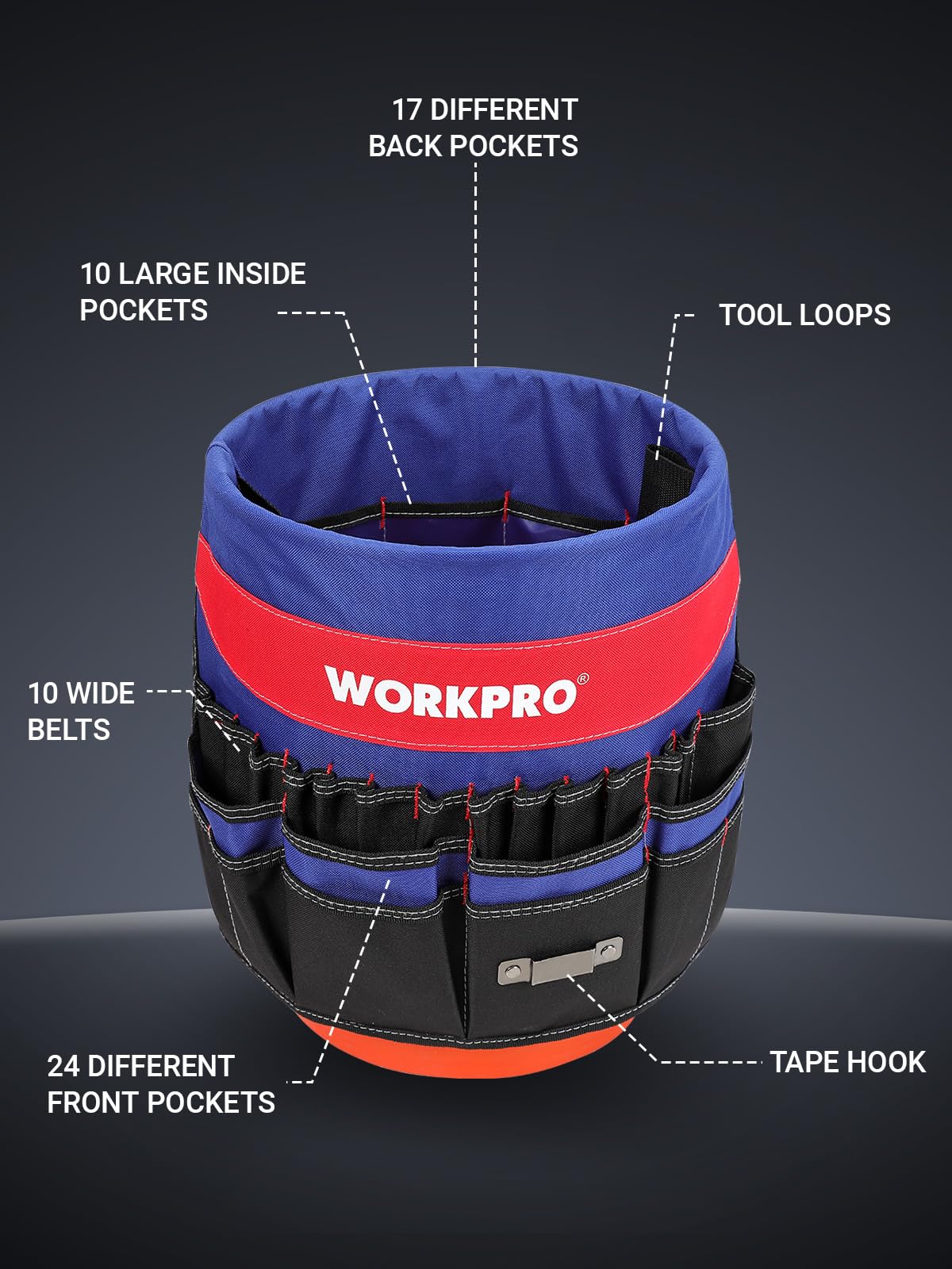 WORKPRO Waterproof 600D polyester construction for rugged use on worksites.