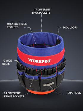 WORKPRO Waterproof 600D polyester construction for rugged use on worksites.