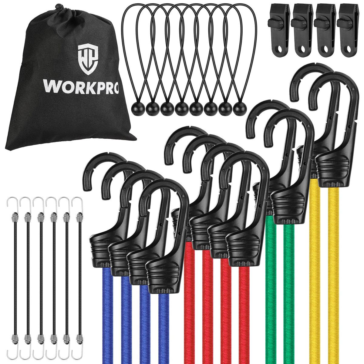 WORKPRO bungee cord 18-inch with hook secures cargo on bikes and racks.