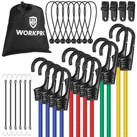 WORKPRO bungee cord 18-inch with hook secures cargo on bikes and racks.