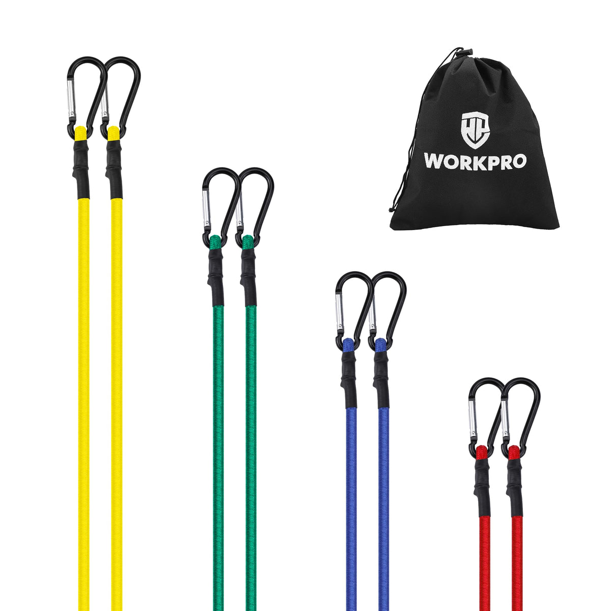 WORKPRO bungee cord 18in with hooks securing gear on a bike rack.