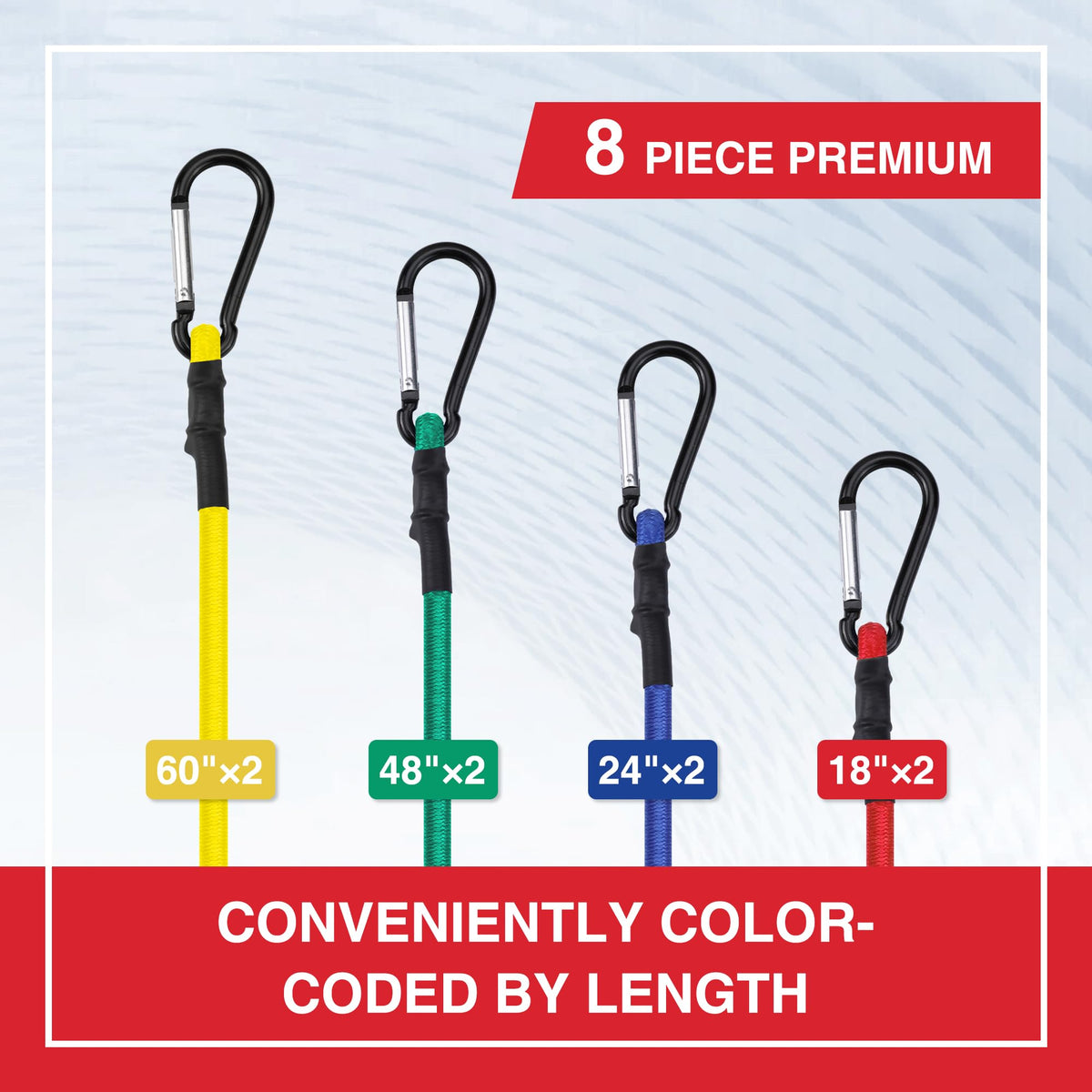 WORKPRO 48in bungee cord with hooks for cargo and gear.