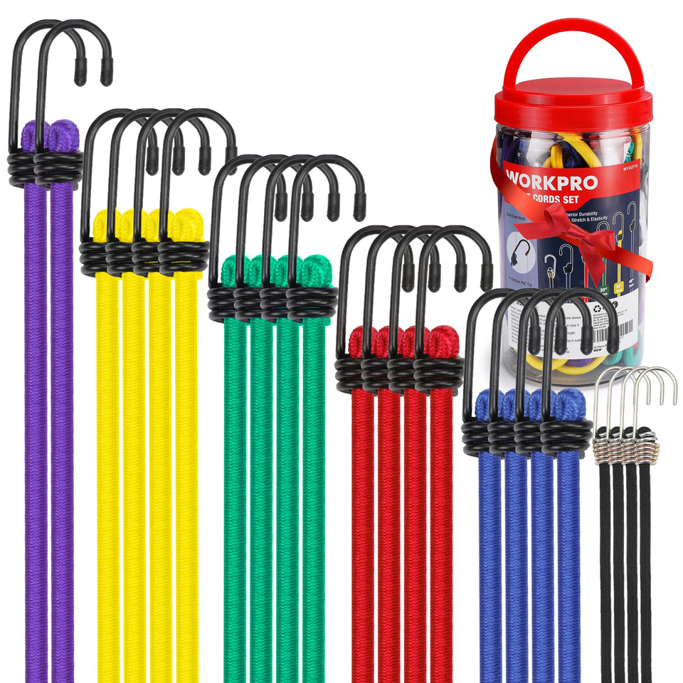 WORKPRO bungee cord 10-inch color-coded bundle secures lightweight items during transport.