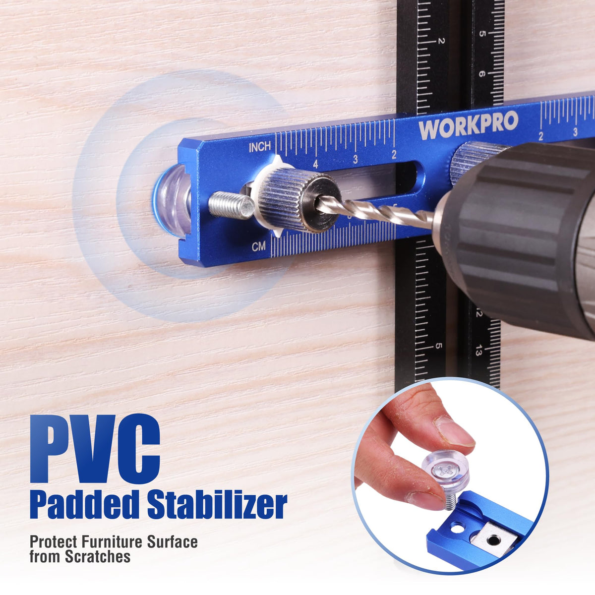 WORKPRO cabinet hardware jig shows adjustable distance between guides for customizable spacing