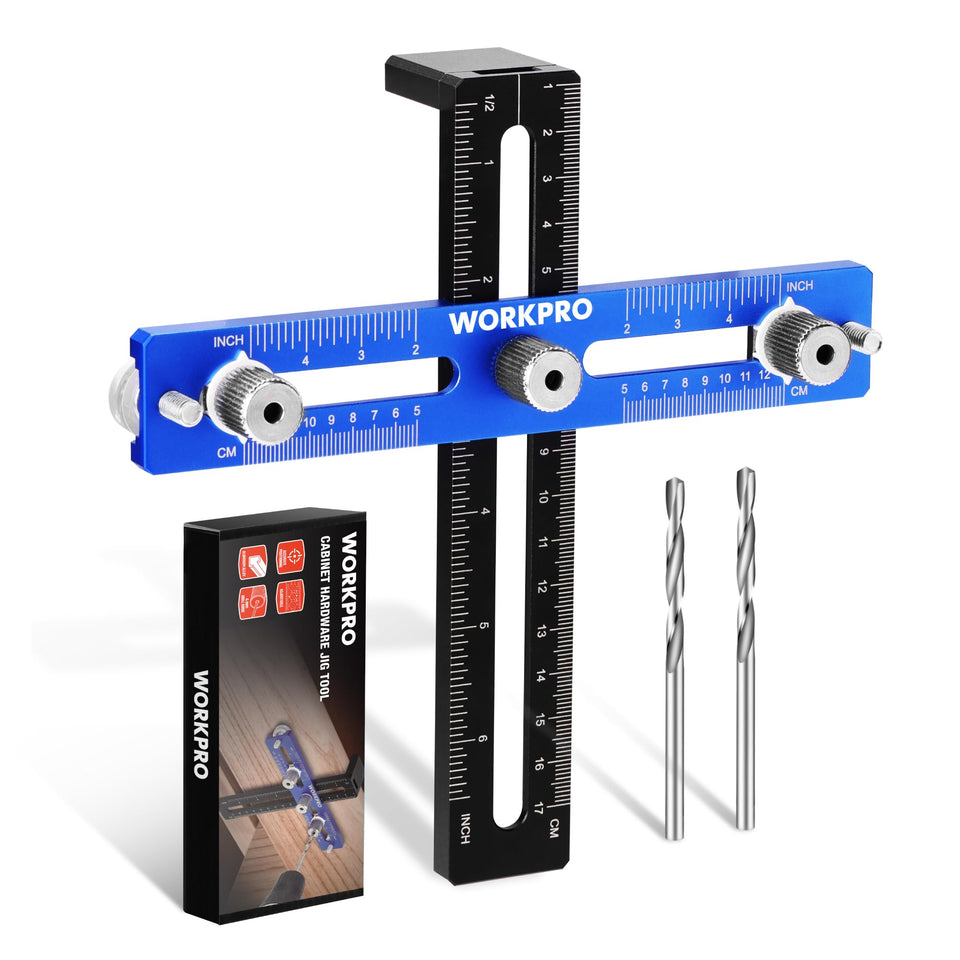 WORKPRO cabinet hardware jig front view highlights precise markings for accurate drilling