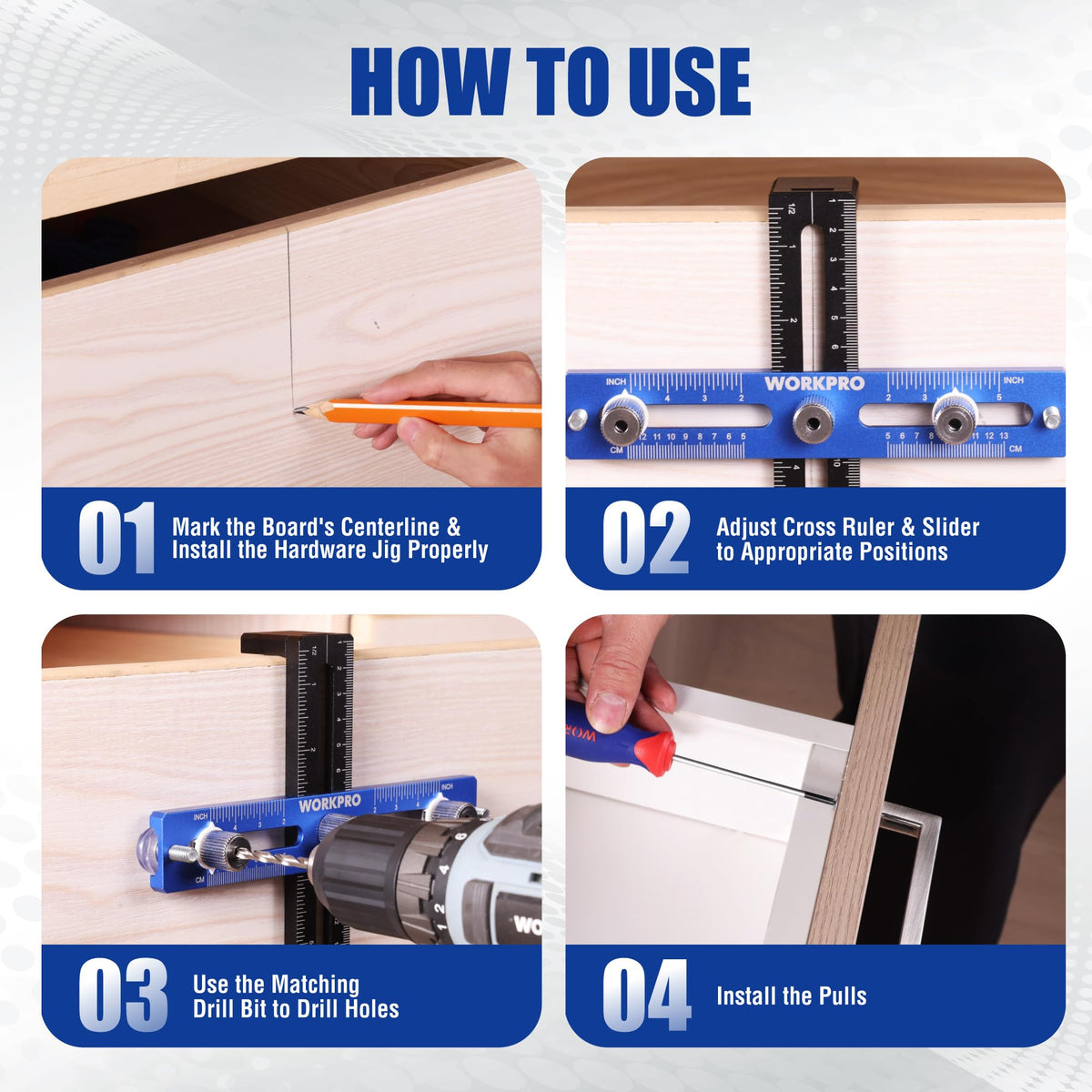 WORKPRO cabinet hardware jig features rust-proof aluminum construction for durability