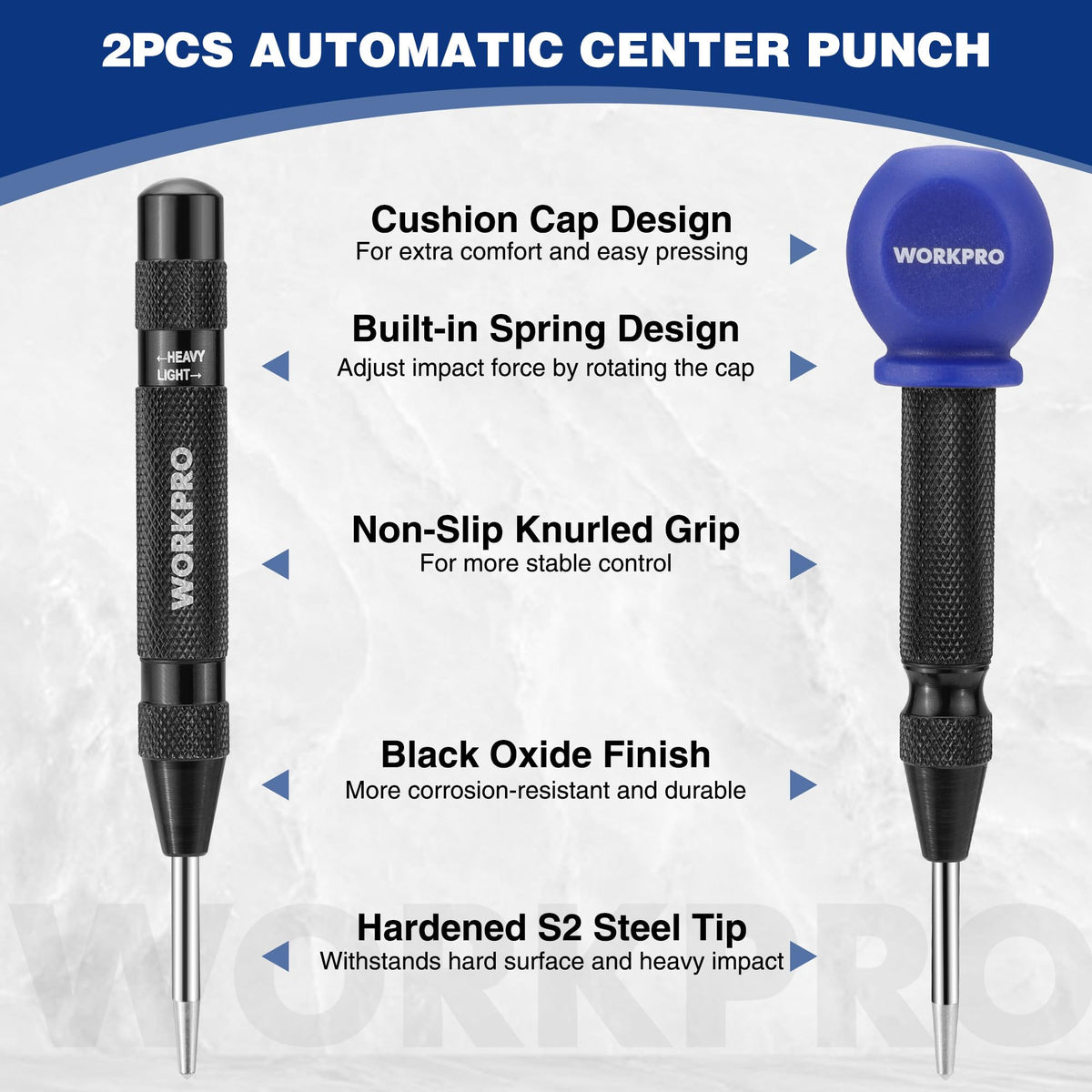 WORKPRO center punch with knurled aluminum body for secure grip.
