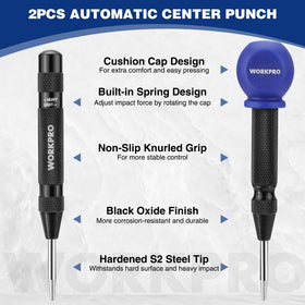 WORKPRO center punch with knurled aluminum body for secure grip.