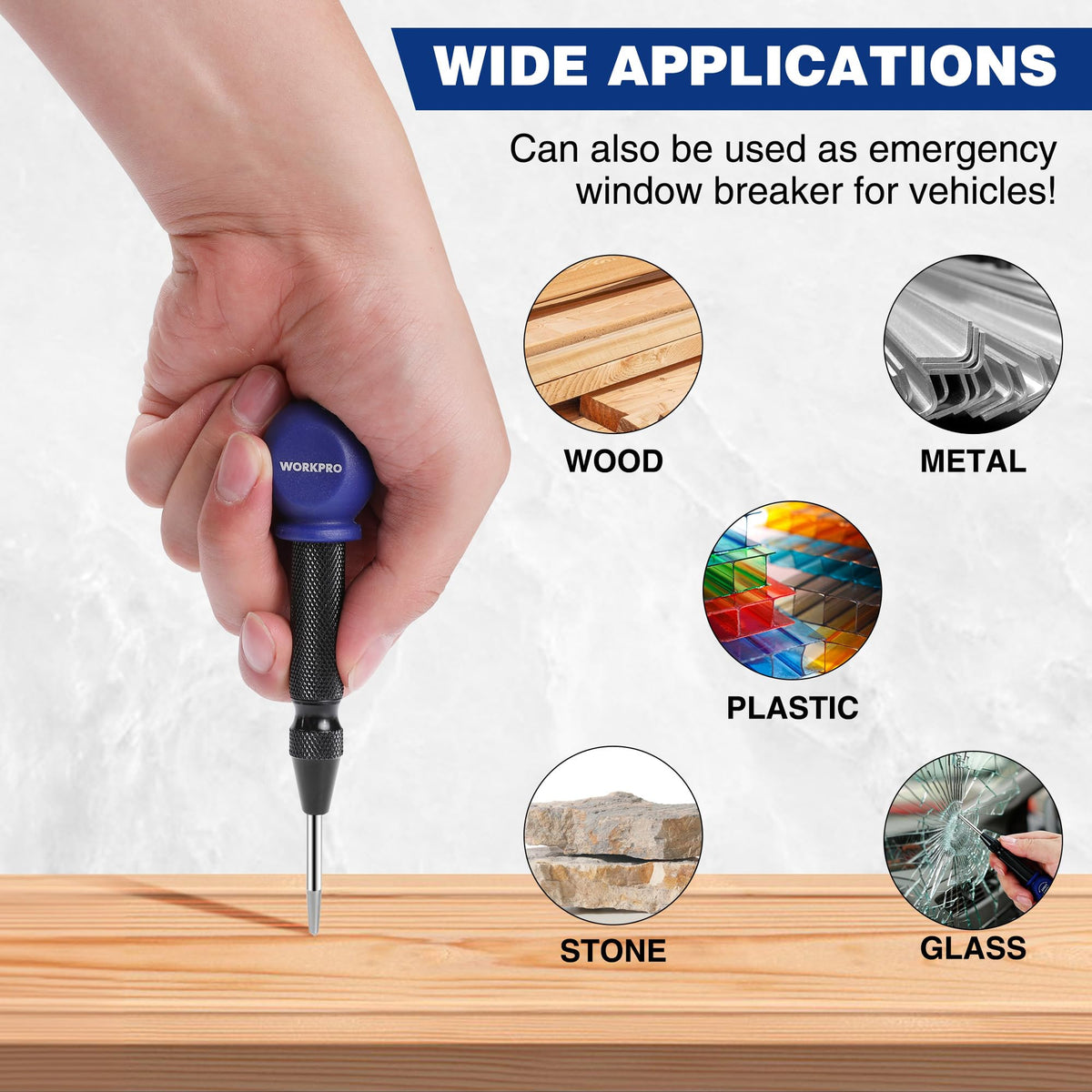 WORKPRO center punch can serve as a vehicle emergency safety tool.