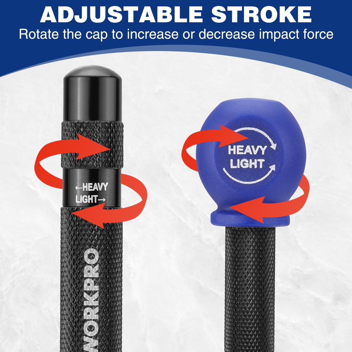 WORKPRO spring-loaded mechanism allows adjustable impact force for various materials.