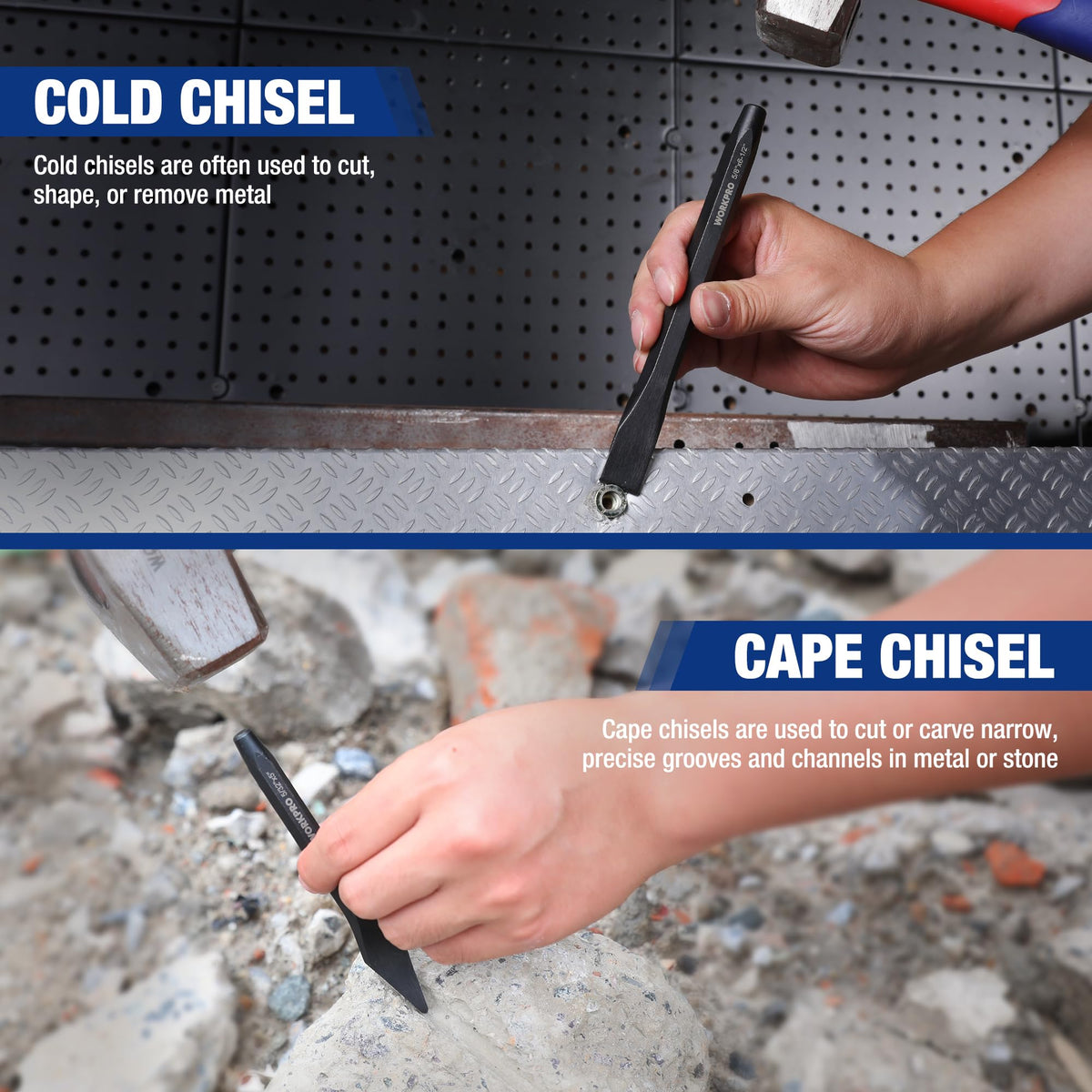 WORKPRO center punch marks metal accurately before drilling and shaping.