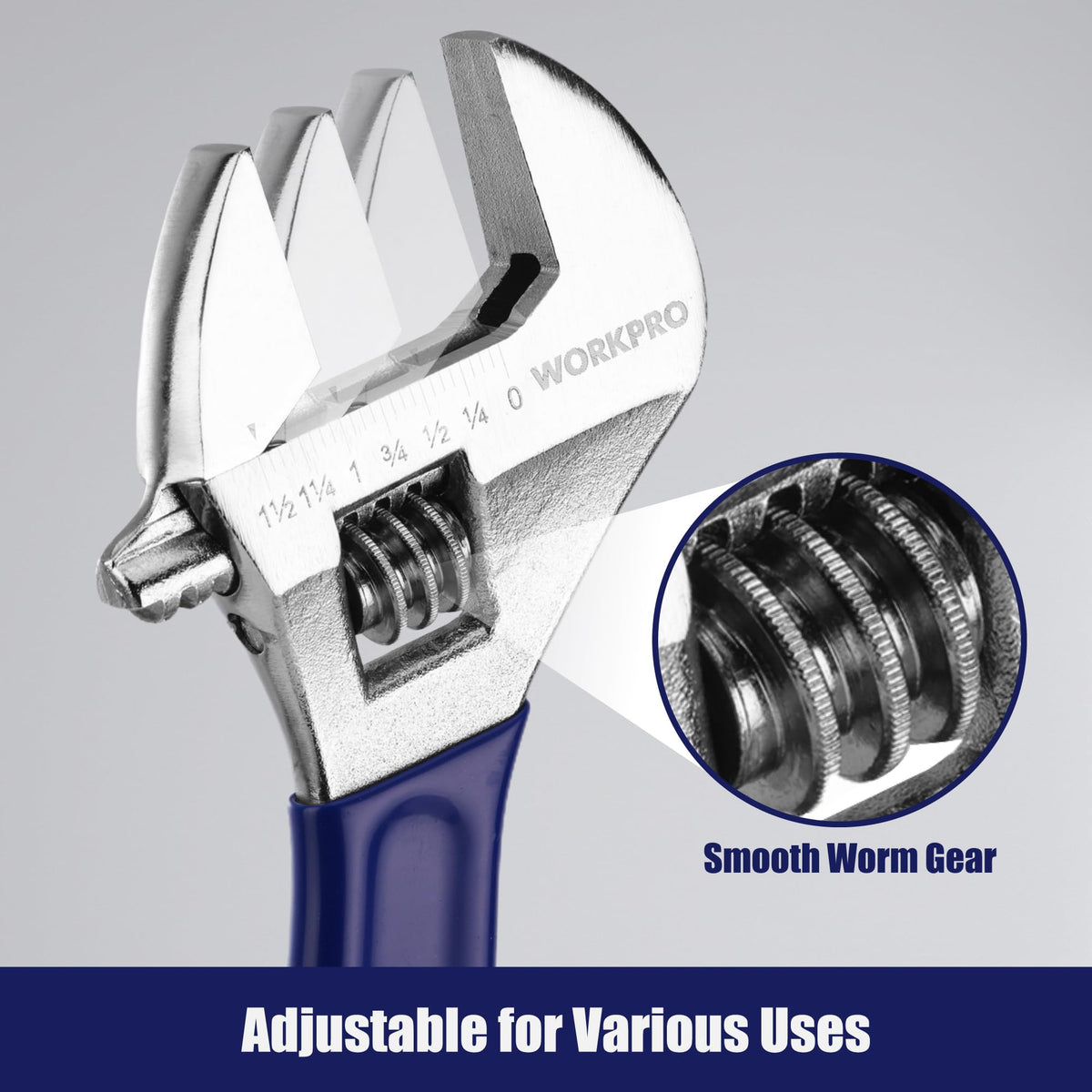WORKPRO chrome-finish wrench highlights durability and corrosion resistance for long-term home use.