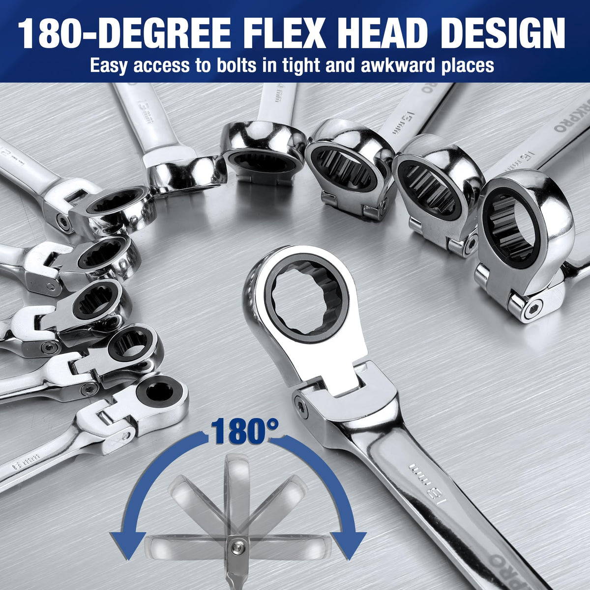 WORKPRO chrome-vanadium steel wrenches with a polished finish for longevity.