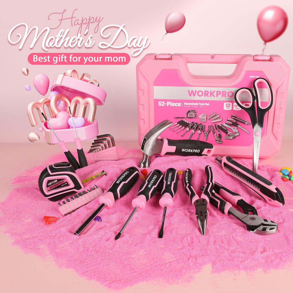 WORKPRO claw hammer in pink finish, sturdy for hammering and furniture assembly.
