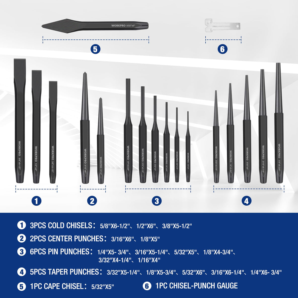 WORKPRO cold chisels with durable cutting edges for metal or wood tasks.