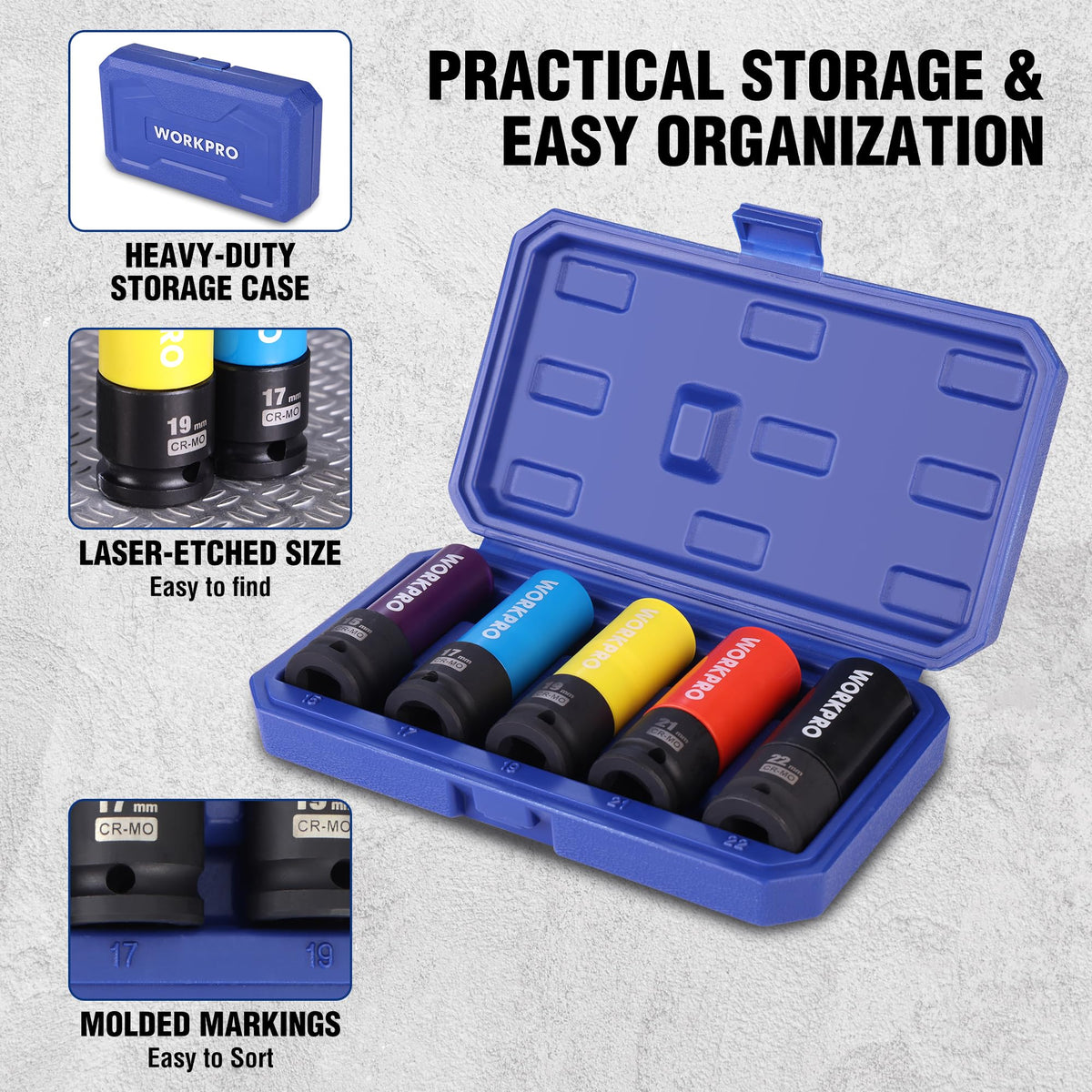 WORKPRO color-coded sleeves aid quick size identification and rim protection