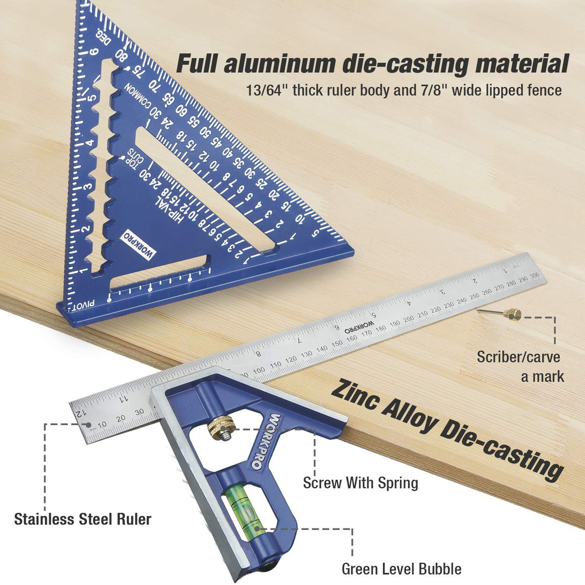 WORKPRO combination square 12in zinc-alloy ruler with durable readability.