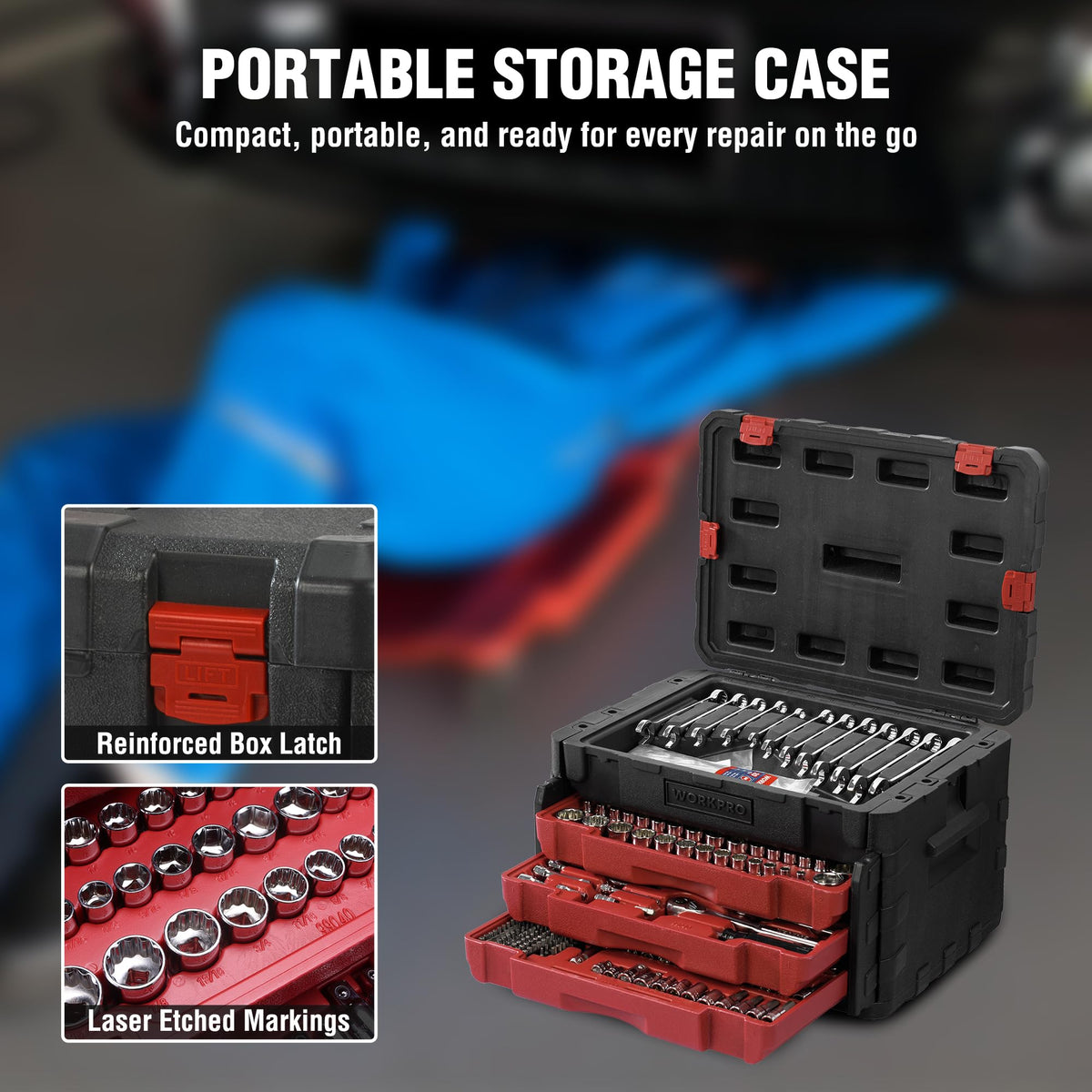 WORKPRO combination wrenches arranged for easy reach in repairs.