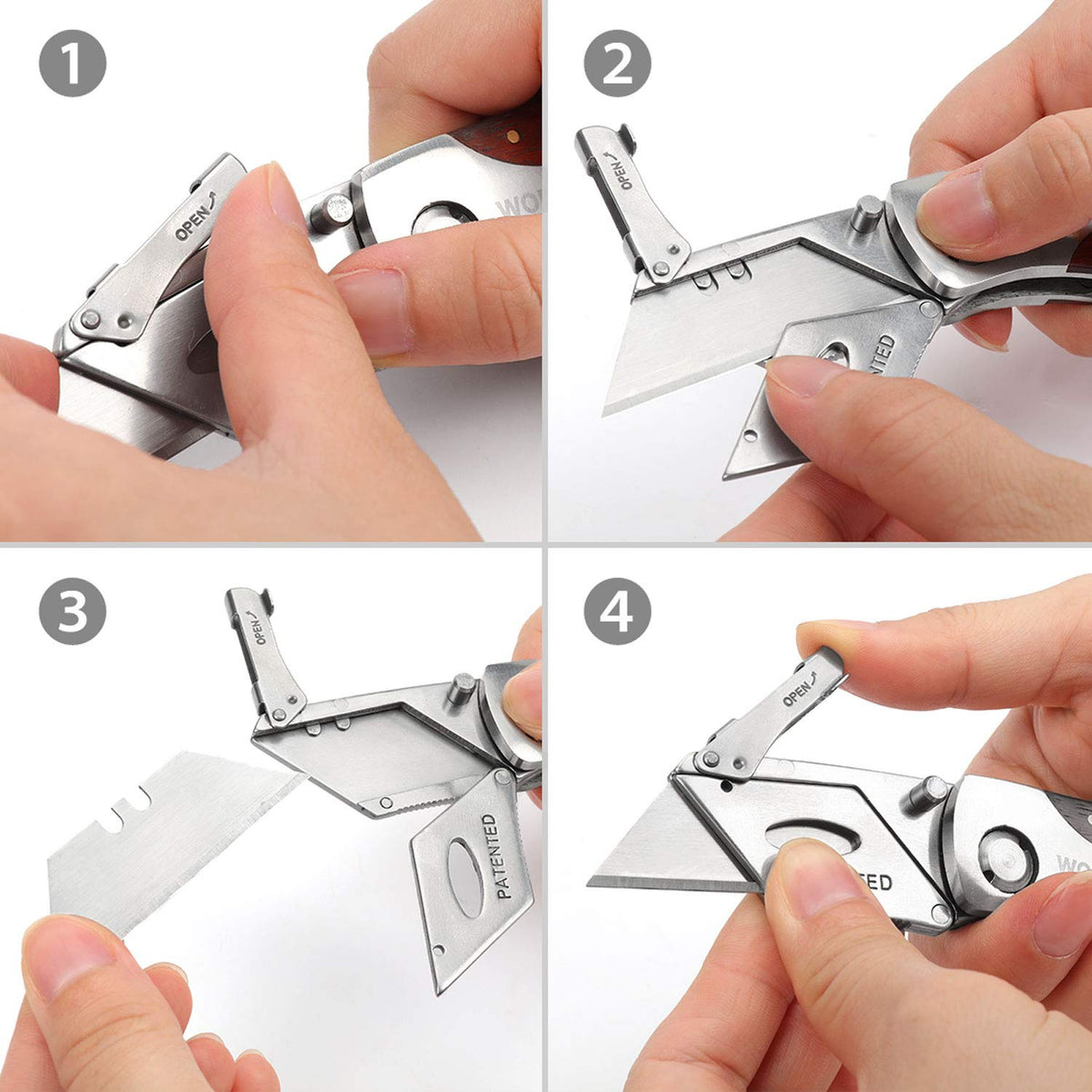 WORKPRO compact box cutter shown with belt clip for portability.