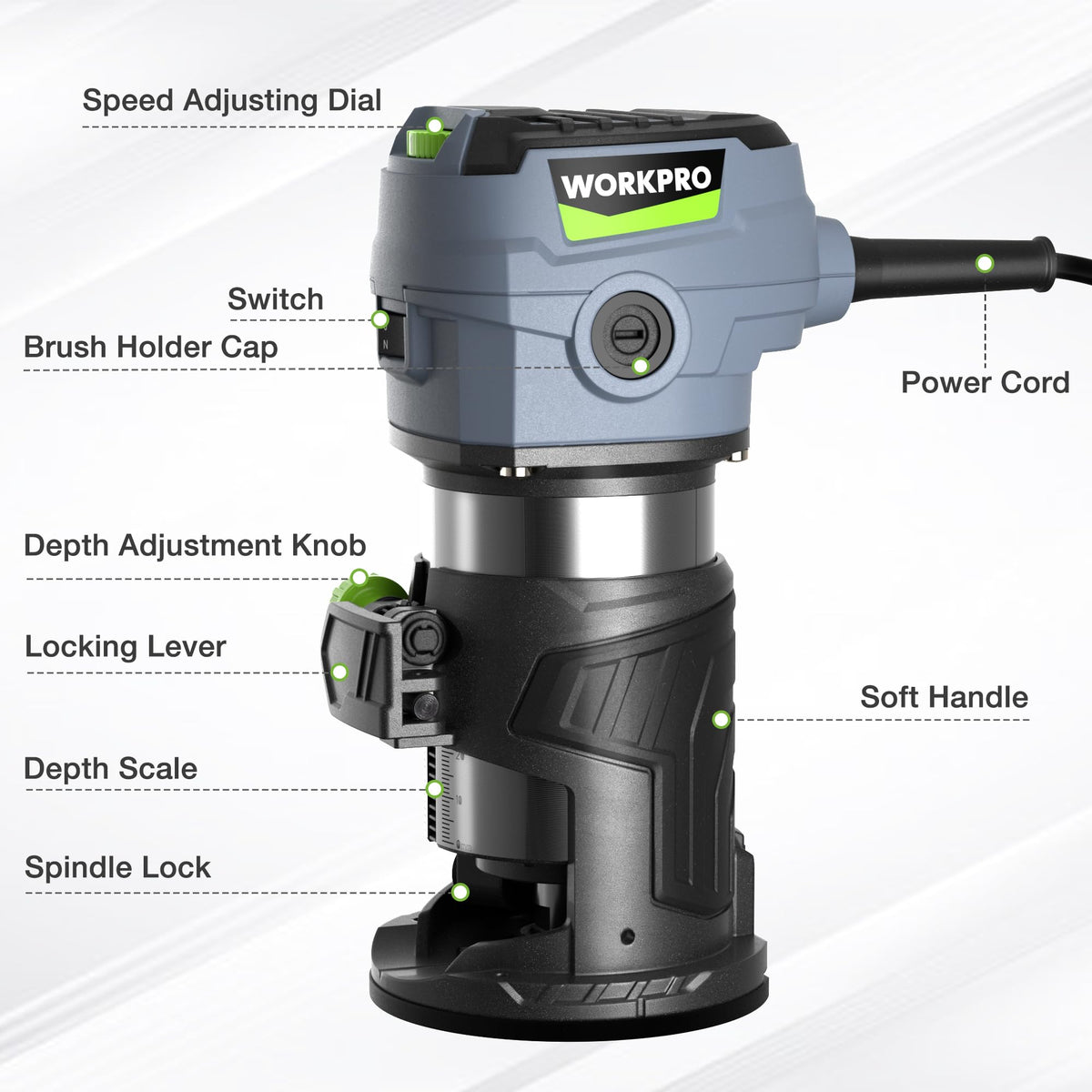 WORKPRO Compact Router Kit speed control dial adapts RPM for various materials