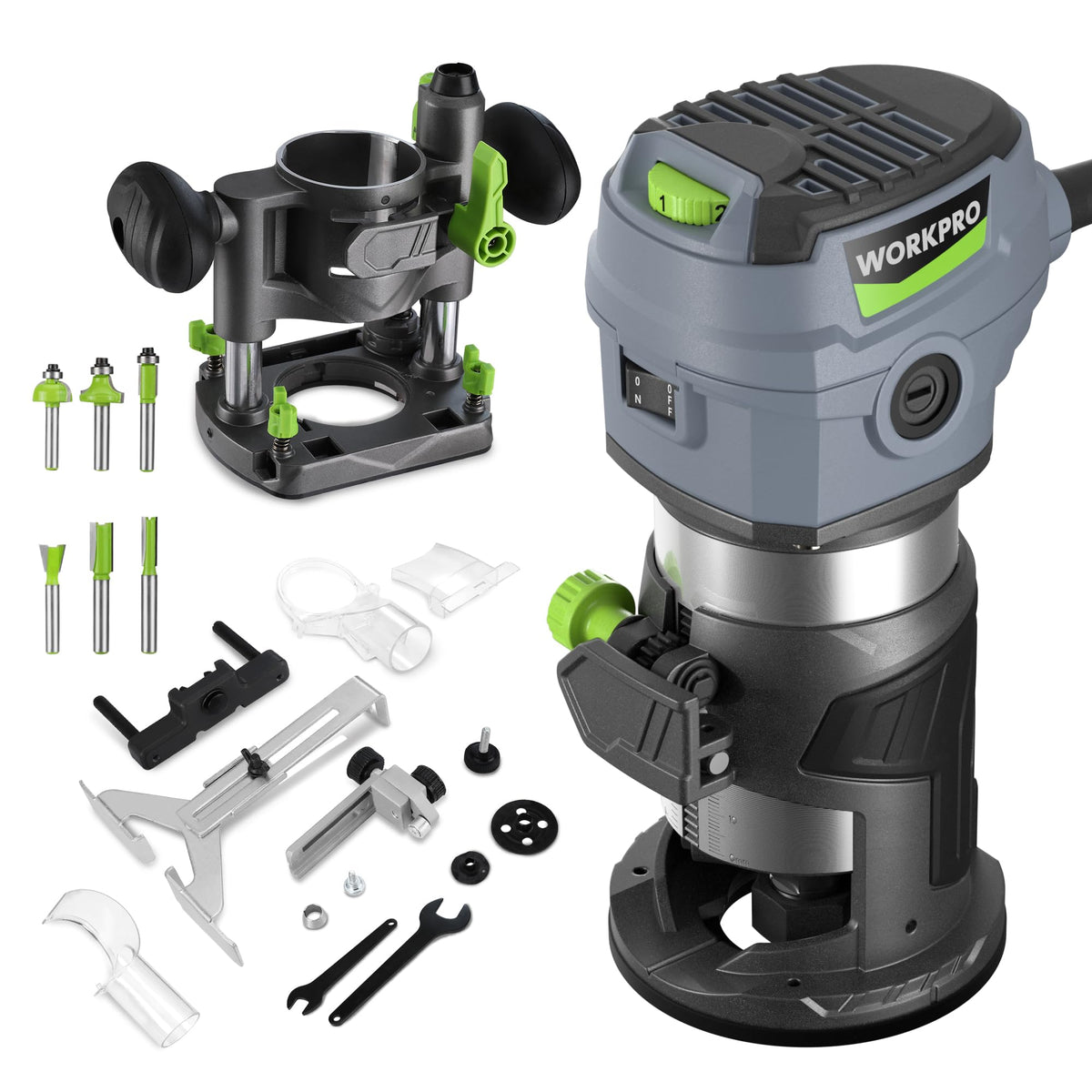 WORKPRO compact router main unit showing precision control for woodworking tasks.