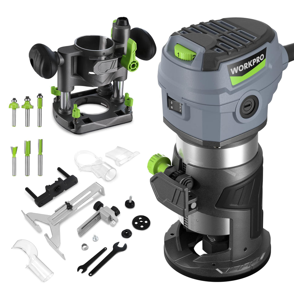 WORKPRO compact router main unit showing precision control for woodworking tasks.