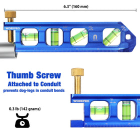 WORKPRO conduit bending level shows magnets securing it for hands-free measurement.