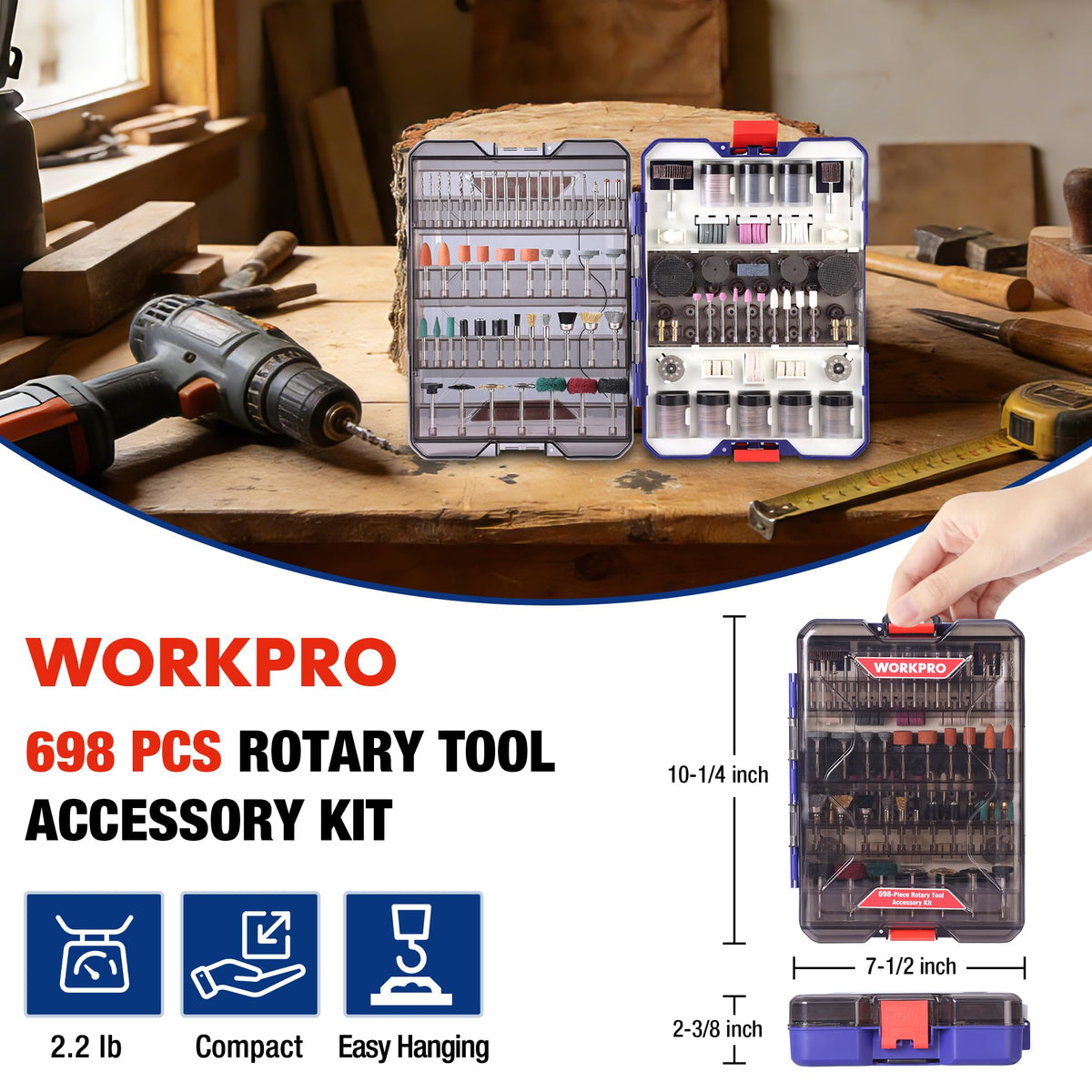 WorkPRO rotary tool accessories organized in a clear lid case for easy access.