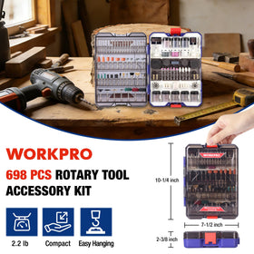 WorkPRO rotary tool accessories organized in a clear lid case for easy access.