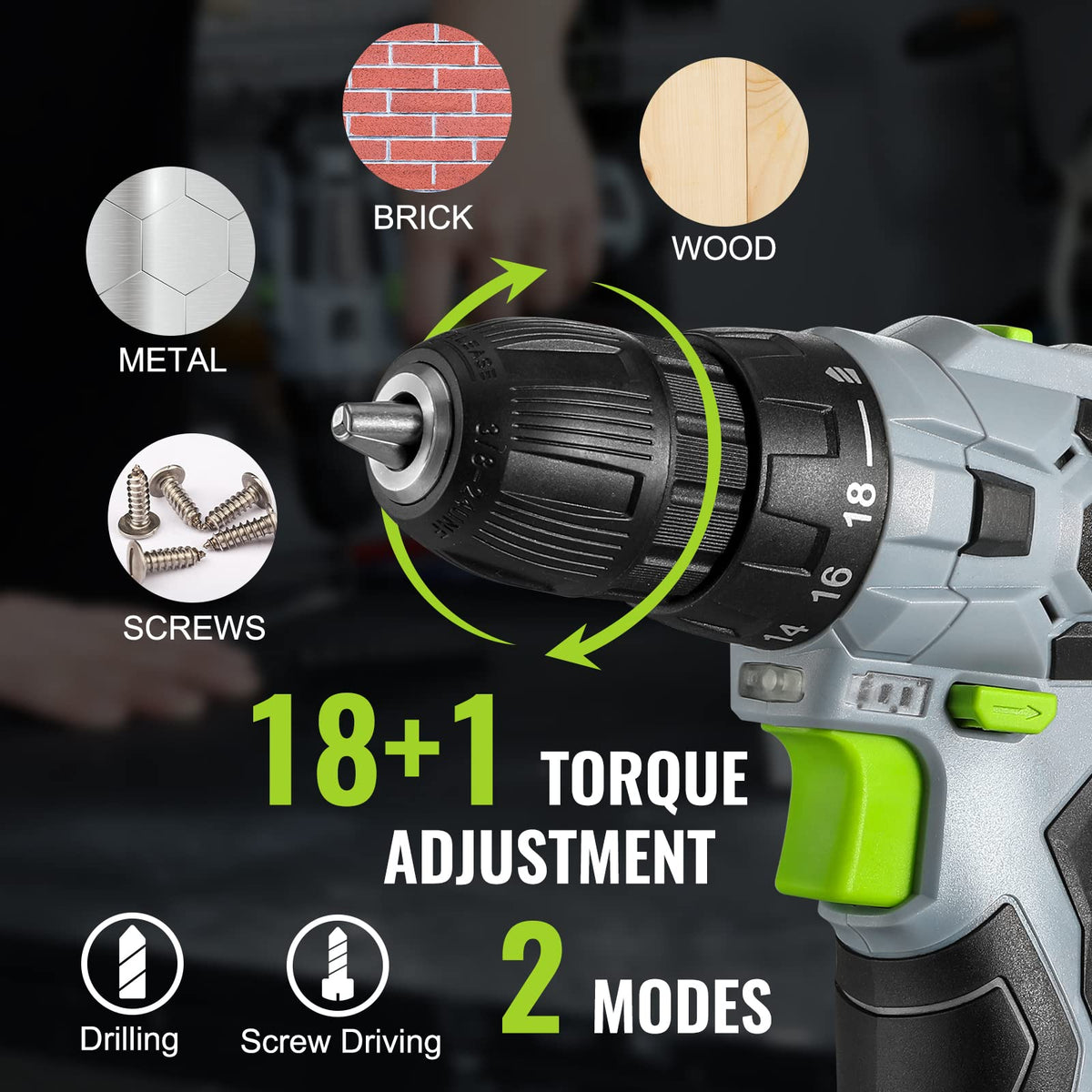 WORKPRO cordless drill driver kit 3/8-inch keyless chuck enables quick one-handed bit changes.