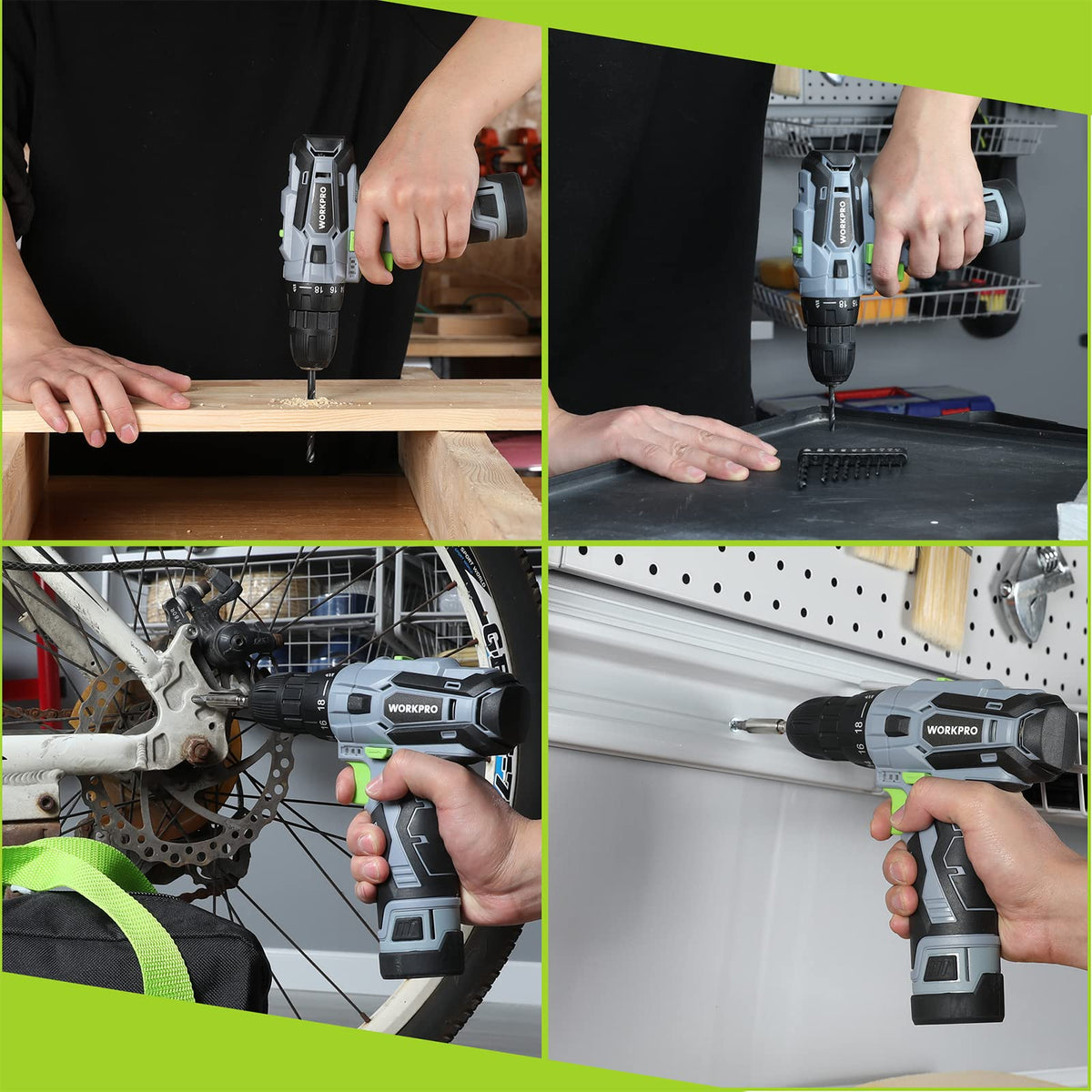 WORKPRO cordless drill driver kit includes bits, charger, and a carrying bag for versatile tasks.