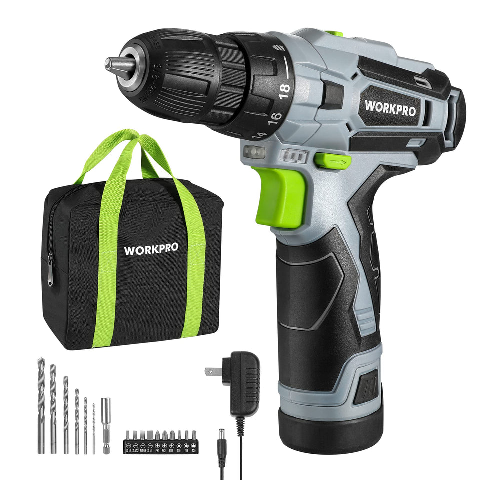 WORKPRO cordless drill driver kit compact design for easy handling in tight spaces.